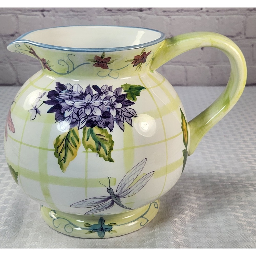 Vintage Zrike Hydrangea Garden Ceramic Pitcher Hand Painted Lattice Plaid NWT